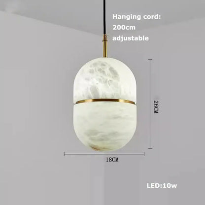 DecorBites alabaster pendant lights featuring a white marbled glass shade with gold-toned metal accents for living room lighting