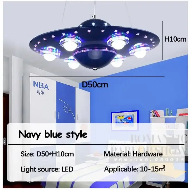 Navy blue ufo shaped led pendant light with glowing bulbs and star decals iron art chandelier for children’s room