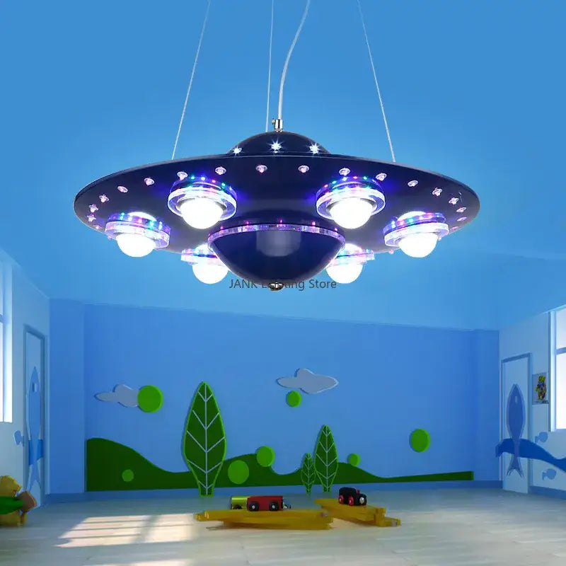 Dark blue ufo-shaped led pendant light with purple and white glowing edges iron art chandelier for children’s room