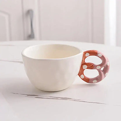 Decorbites alkali water biscuit mug ceramic teacup with white body and reddish-brown pretzel-shaped polka dot handle