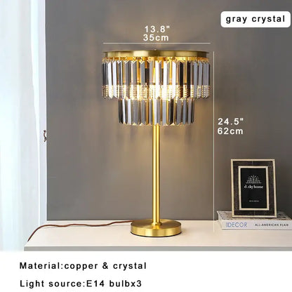 Elegant gold-toned decorbites all brass crystal floor lamp with cascading gray crystal prisms for luxury living room lighting