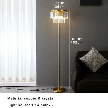 Gold-finished copper floor lamp with a tiered crystal chandelier head for luxury living room lighting DecorBites brass crystal floor lamp