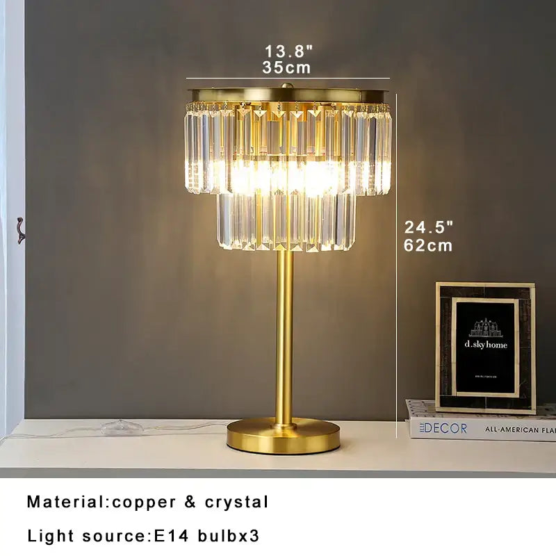 Gold-toned brass crystal floor lamp DecorBites with slender stem and two tiers of clear prisms for luxury living room lighting