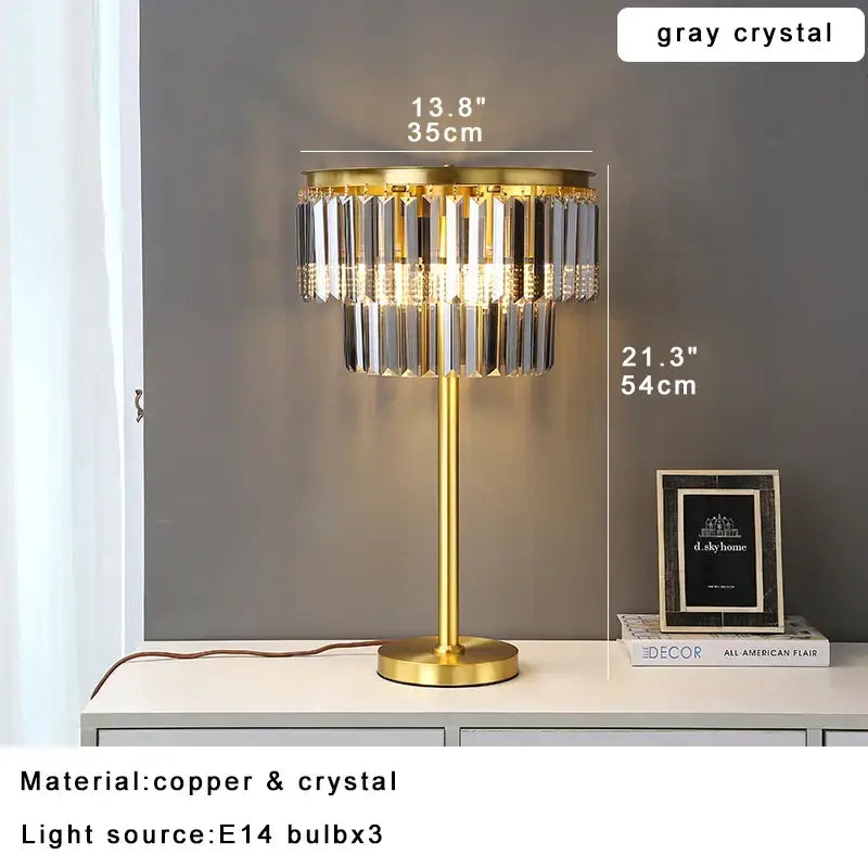 Elegant brass crystal floor lamp with cascading gray crystal prisms for luxury living room lighting by DecorBites