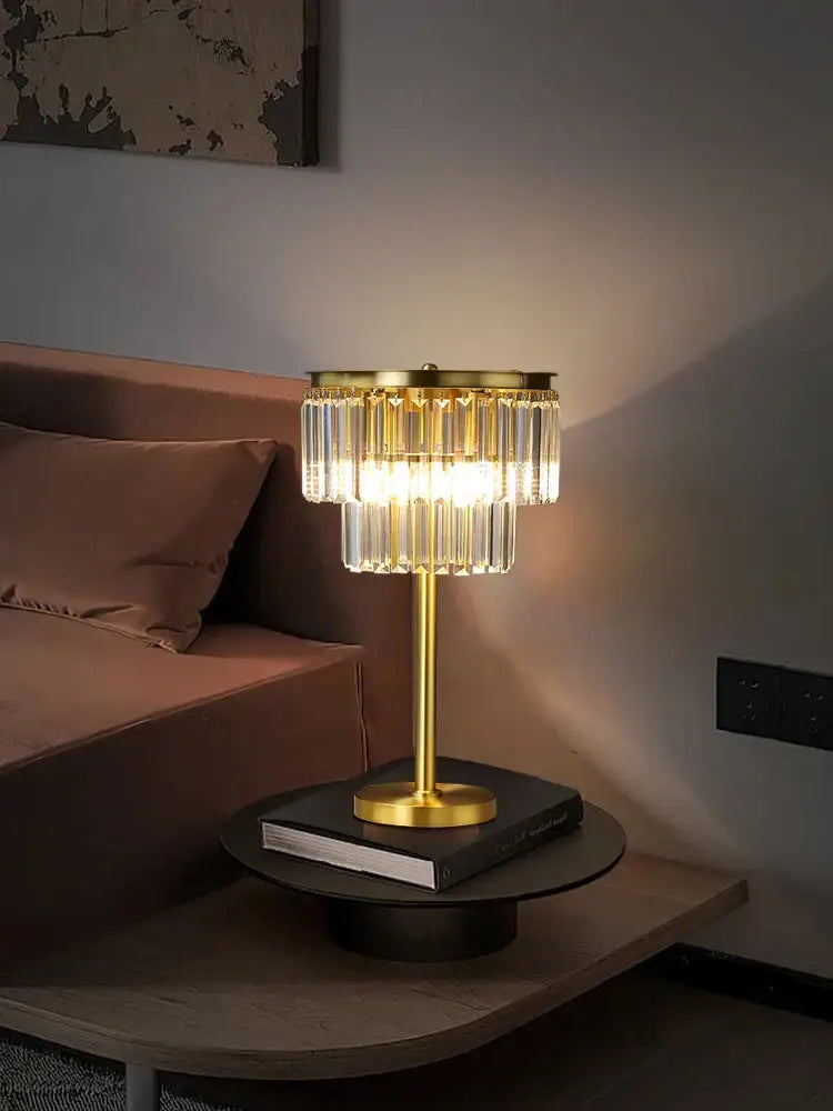 Decorbites all brass crystal floor lamp with gold finish and cascading glass prisms for luxury living room lighting