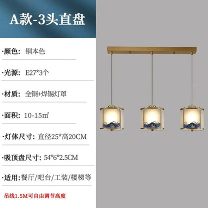 Bronze-finished three-head pendant light with blue wave glass shades and brass accents for copper entrance light or rotating staircase light