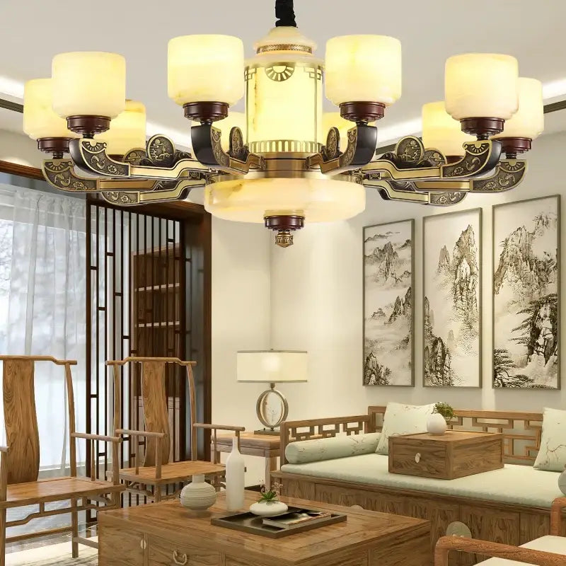 Traditional chinese-style copper jade chandelier with warm glass shades and ornate bronze metalwork for living room lighting