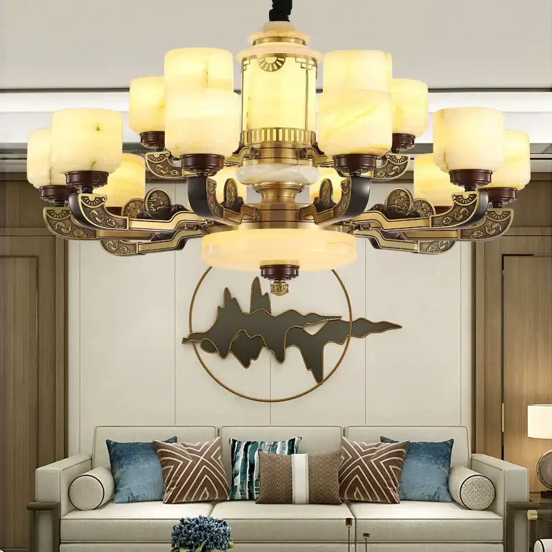 Luxurious brass all copper jade chandelier with warm frosted glass shades and ornamental detailing for living room lighting
