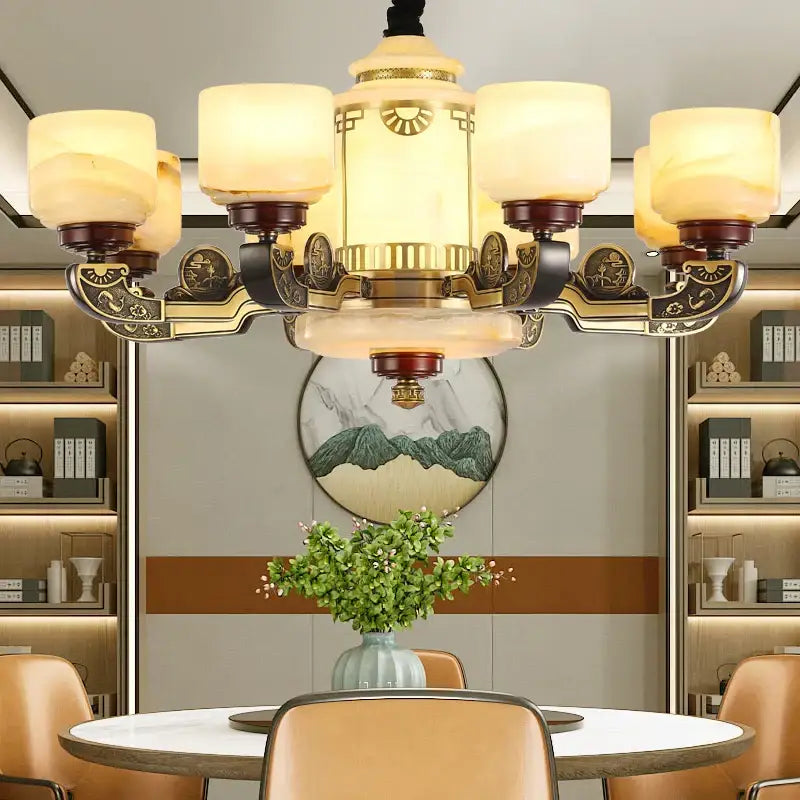 DecorBites™ all copper jade chandelier features warm-toned brass and frosted glass for Chinese style living room lighting