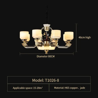 DecorBites™ copper jade chandelier with six warm glass shades and ornate h65 copper and jade detailing for living room lighting