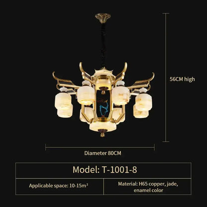 Golden ornate copper jade chandelier with six frosted glass shades and jade accents for villa living room decor