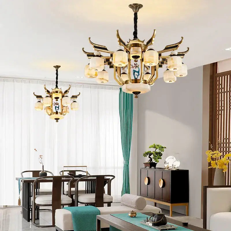 Antique brass copper jade chandelier with deer-horn arms and frosted glass shades for villa living and dining rooms