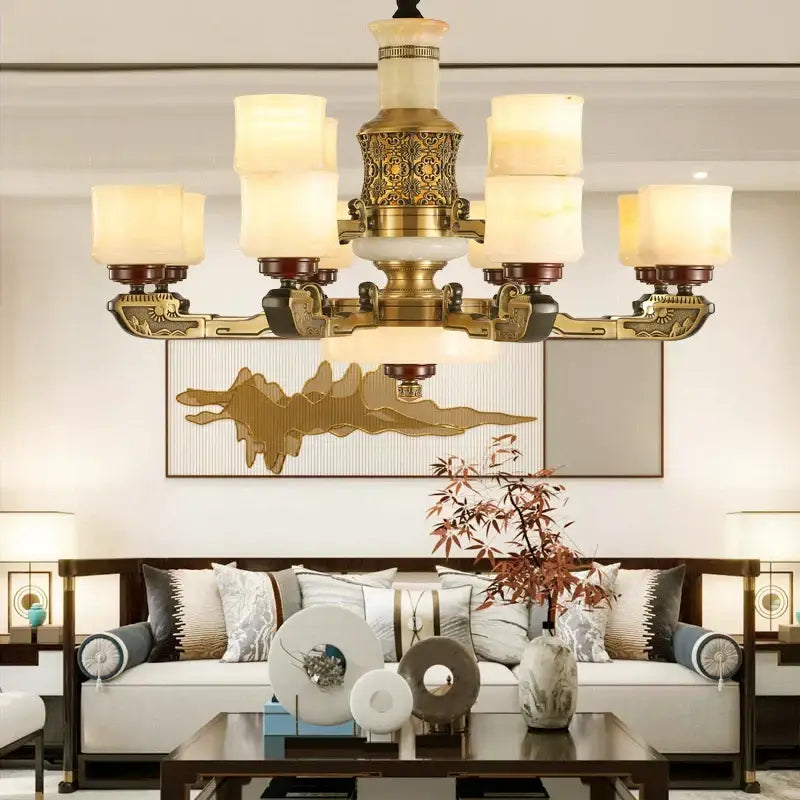 Decorbites™ all copper marble jade chandelier featuring golden ornate metalwork and frosted glass shades for luxury lighting
