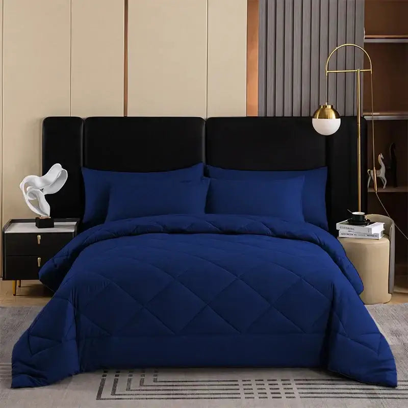 Royal blue quilted brushed duvet quilt comforter set with matching pillows soft breathable for queen and king size beds