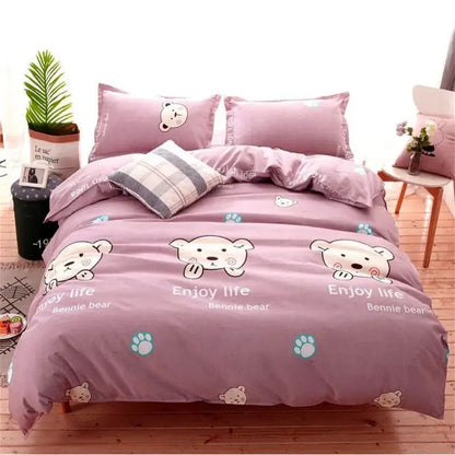 Pink enjoy life bennie bear duvet cover set with white cartoon bears and teal paw prints lightweight duvet cover