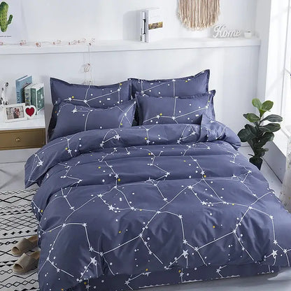 Navy blue star constellation-themed lightweight duvet cover with white lines and yellow dots for comfortable luxury sleep