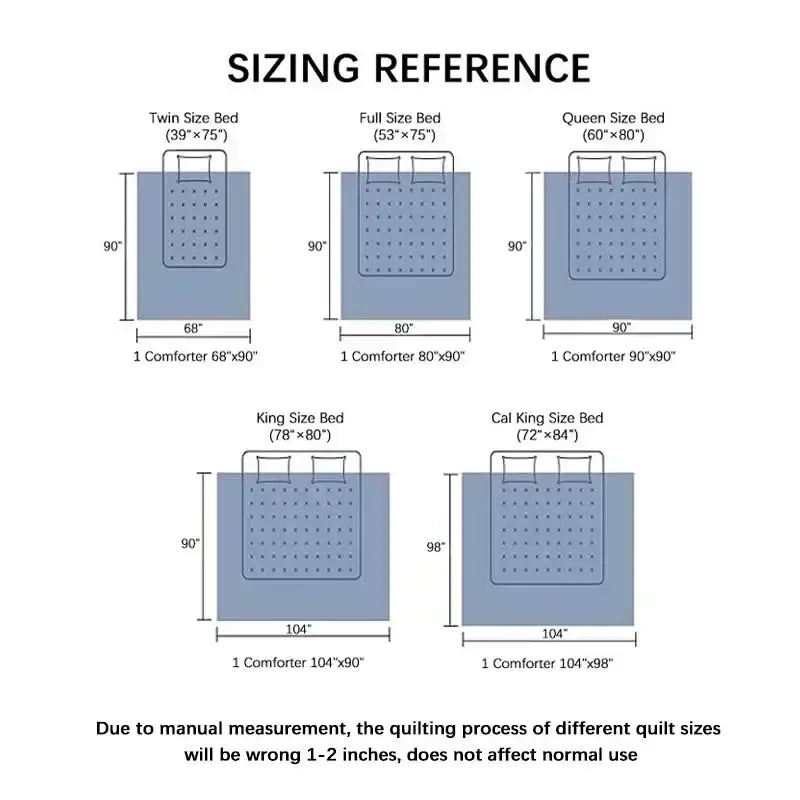 Sizing reference chart for DecorBites™ all-season quilted duvet set showing comforter dimensions for queen and king beds