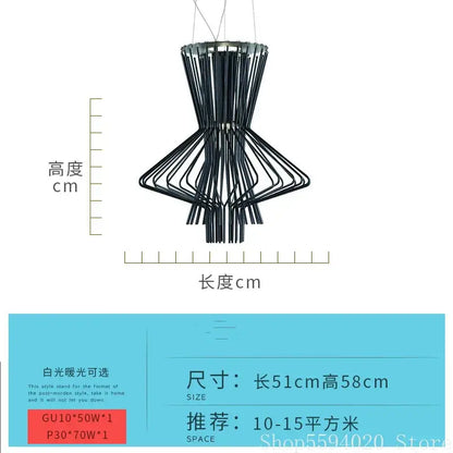 Black metal allegro iron pendant light with modern geometric design featuring slender rods in inverted cone shape