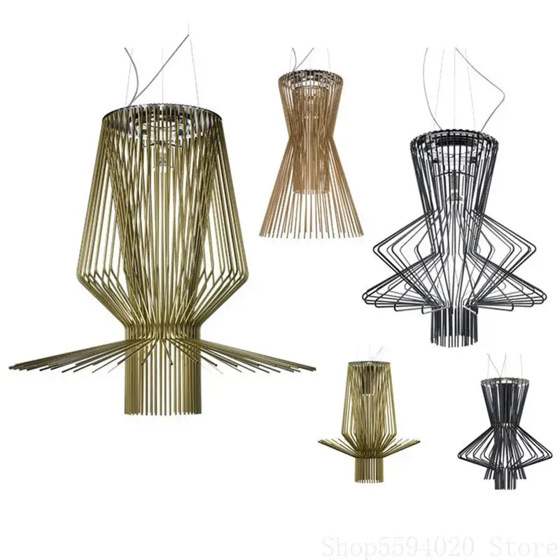 Modern geometric allegro iron pendant light with gold or black metallic frame and wire mesh design by decorbites
