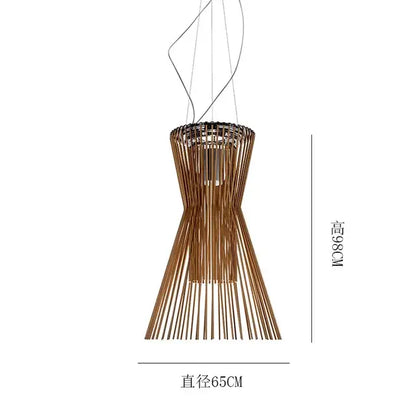 A modern bronze-toned allegro ritmico chandelier pendant light with sculptural wooden slats for hotel or bar use