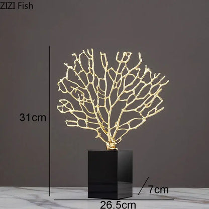 Gold-colored metallic alloy coral crafts on a black crystal base for stylish desktop decor by DecorBites
