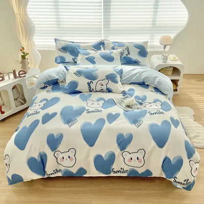 Blue and white heart patterned aloe cotton printed bedding set with cartoon bears and smile print for adults