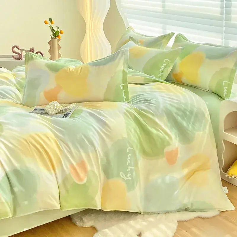 Pastel green and yellow abstract watercolor duvet cover set with lucky script in aloe cotton printed cotton printed bed set