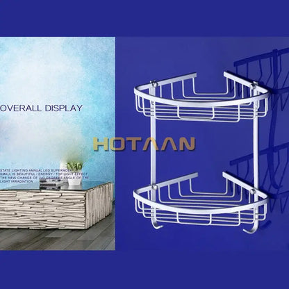 Decorbites™ aluminium double shelf corner basket angel rack in white metal with a sleek modern two-tier design