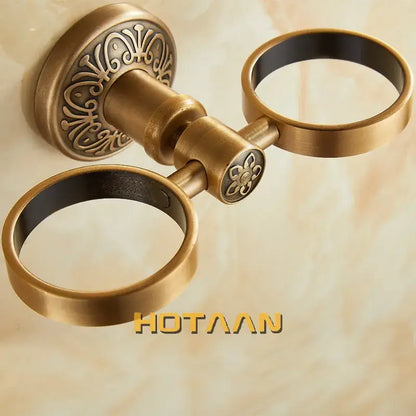 Decorbites™ aluminium double tumbler holder with antique brass double towel ring and ornate floral detailing