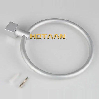 Silver-toned aluminium round towel holder ring with square mounting bracket and sleek metallic finish for bathroom use