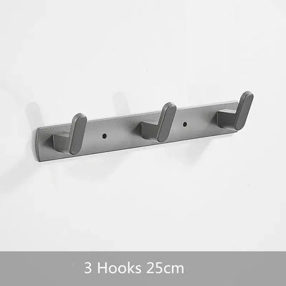 Modern matte gray aluminum alloy wall-mounted coat rack with three evenly spaced alloy towel hooks for bathroom use