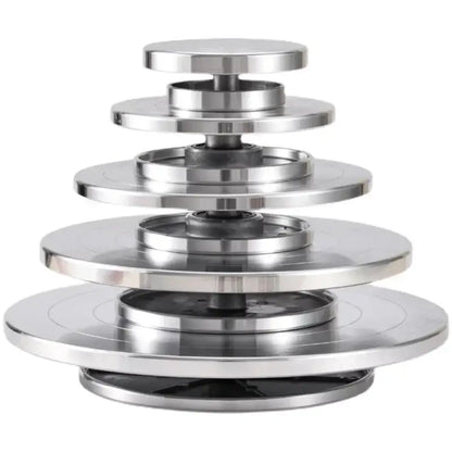 Stainless steel tiered cake stand with sleek reflective finish and concentric design for aluminum alloy turntable use