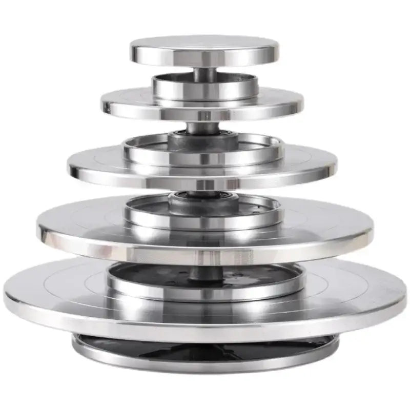 Stainless steel tiered cake stand with sleek reflective finish and concentric design for aluminum alloy turntable use