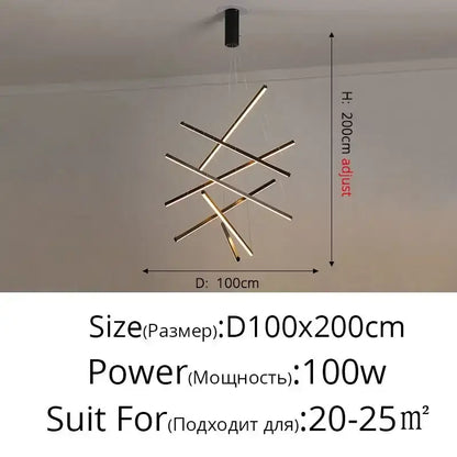 Modern geometric aluminum bar led chandelier with intersecting metallic rods and black ceiling mount for indoor lighting