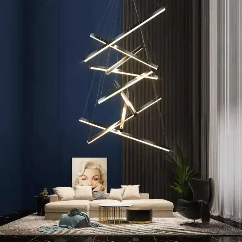 Modern geometric aluminum bar led chandelier with intersecting chrome rods for stair hall dining living room lighting