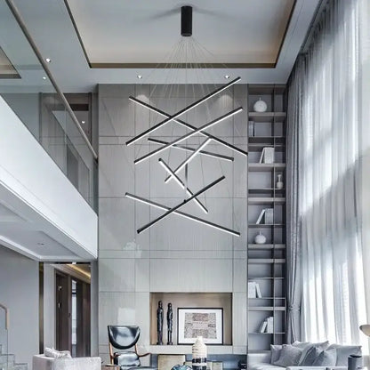 Modern black and white aluminum bar led chandelier with intersecting geometric bars for indoor stair hall lighting