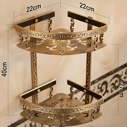 Decorbites™ aluminum bathroom corner shelf with brass antique finish and ornate scrollwork for bathroom corner use