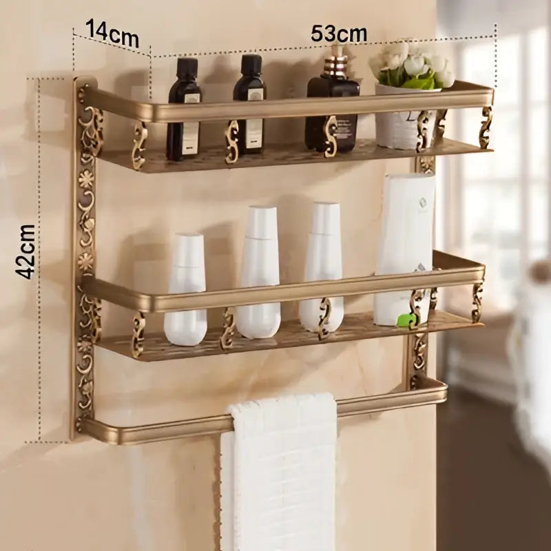 DecorBites aluminum antique finish two-tier bathroom corner shelf with ornate scrollwork and towel rack 40cm length