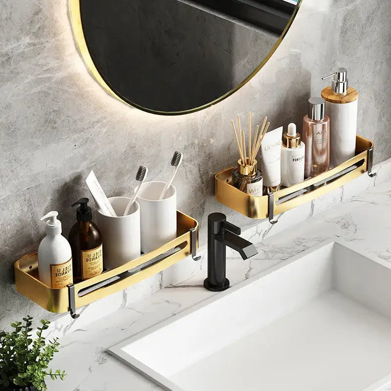 Gold aluminum bathroom corner shelf with sleek modern design and curved edges for wall mounted shower storage