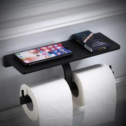 Black metal aluminum bathroom paper holder with integrated shelf and phone holder wall mount by decorbites