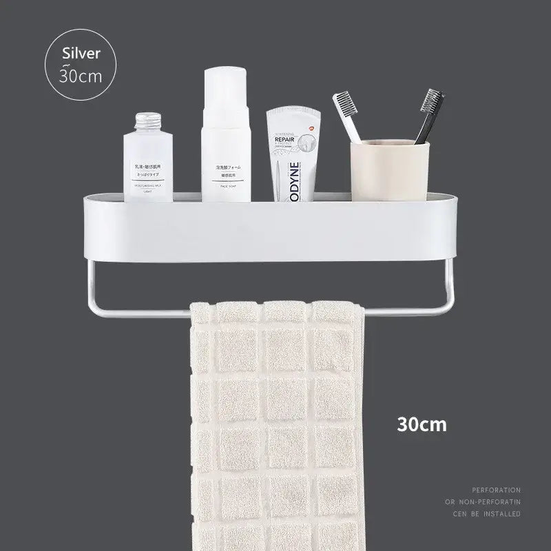 Silver 30cm aluminum bathroom shelf with integrated towel rack and matte finish for bath and shower organization