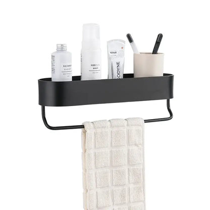 Black metal bathroom shelf with towel bar for bath and shower organization by DecorBites aluminum bathroom shelf