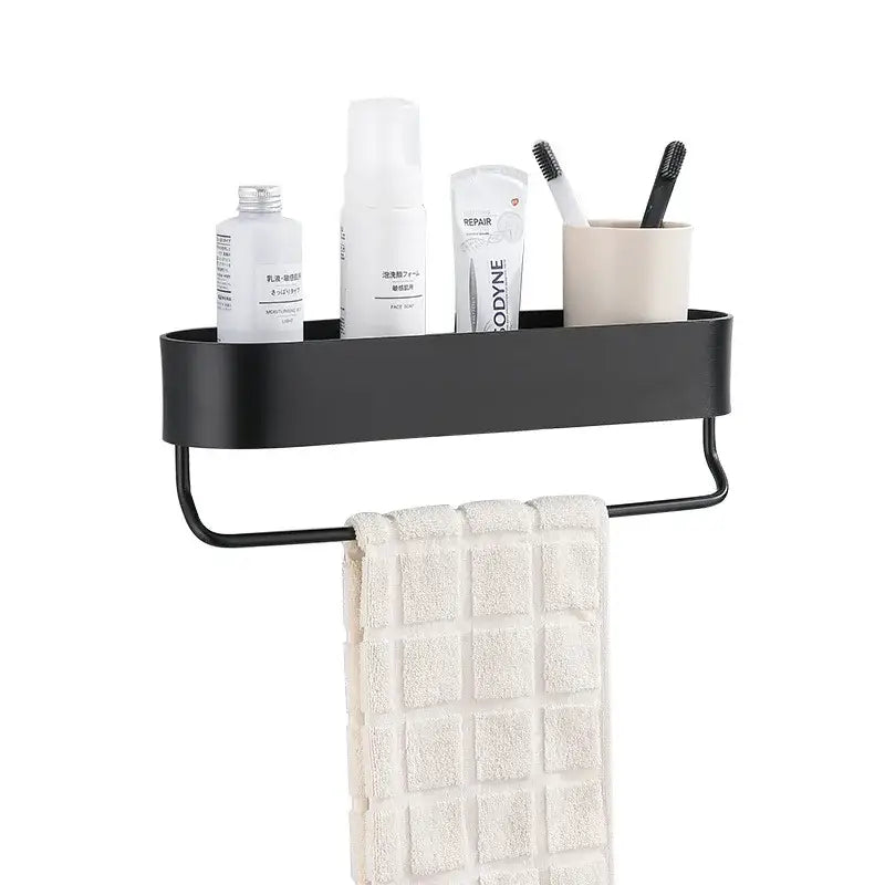 Black metal bathroom shelf with towel bar for bath and shower organization by DecorBites aluminum bathroom shelf