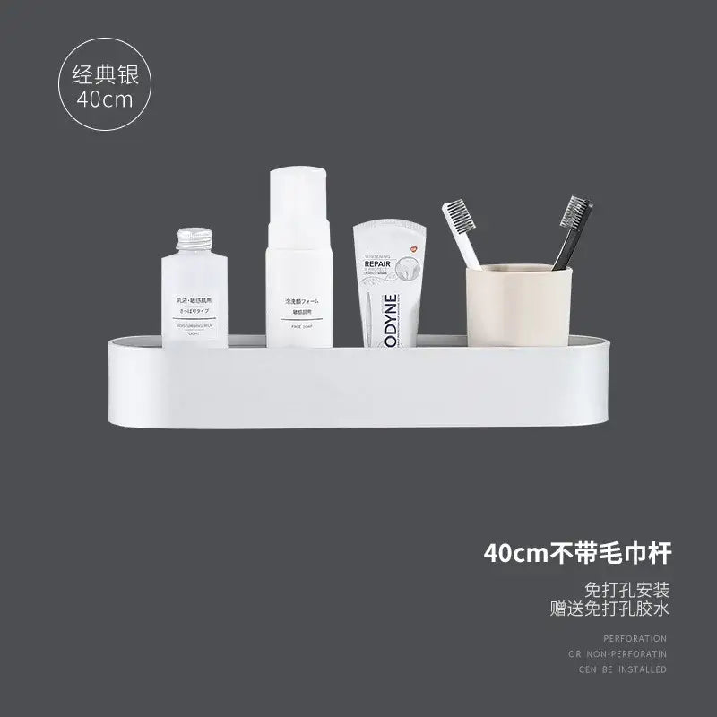 Decorbites™ aluminum bathroom shelf with towel bar in white aluminum with classic silver finish for bath organization
