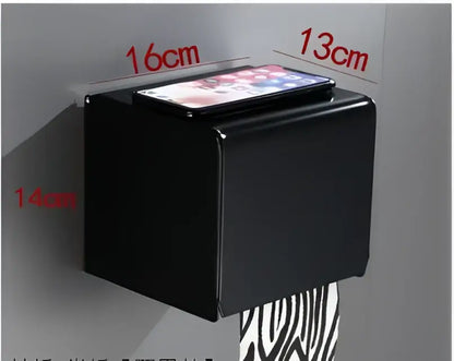 Black rectangular aluminum toilet paper holder with sleek modern design for bathroom hardware set by DecorBites