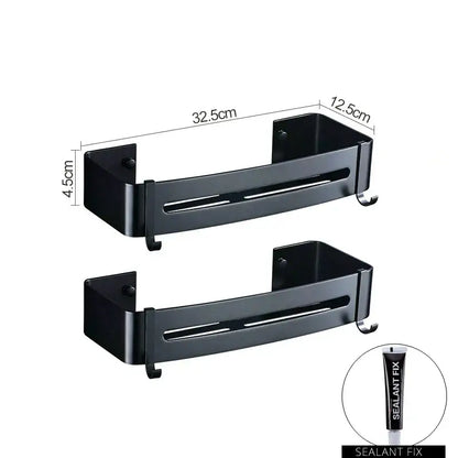 DecorBites™ aluminum black corner basket metal shelf with hooks for bathroom and kitchen storage organization