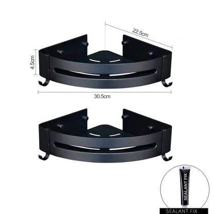 Decorbites aluminum black corner basket cosmetic rack with black matte finish metal and integrated hooks for bathroom storage