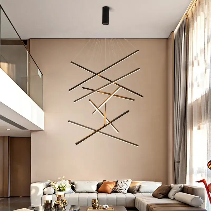 Modern geometric decorbites aluminum ceiling chandelier with intersecting gold and black bars for indoor lighting
