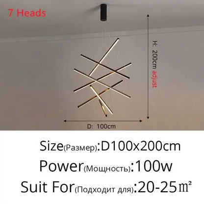 Modern minimalist aluminum ceiling chandelier with seven intersecting chrome and black rods for stair high-rise indoor lighting