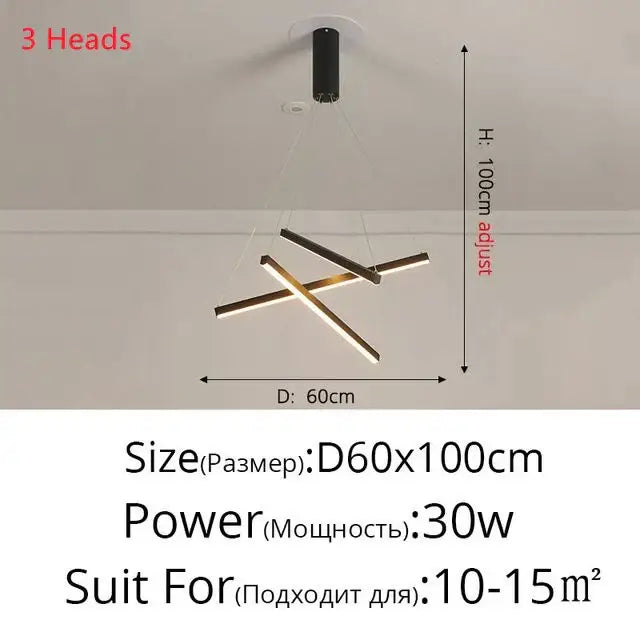 Modern minimalist aluminum ceiling chandelier with three intersecting black and gold metallic rods for indoor lighting